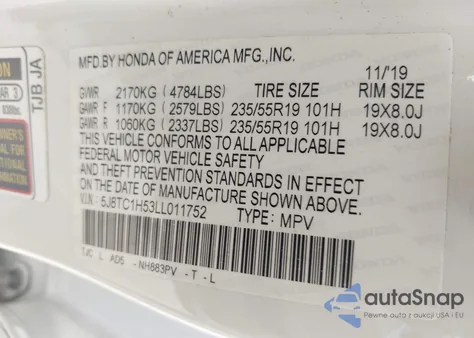 2020 Acura Rdx Technology Package z USA, uszkodzony, nr VIN 5J8TC1H53LL011752